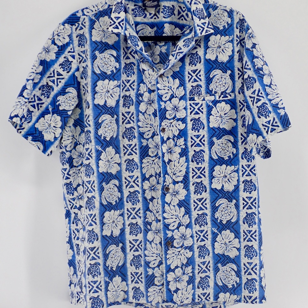 Royal Creations Hawaii Men's Large Aloha Shirt Blue White Hibiscus Flower Vtg
